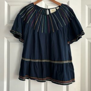Maeve Dark Blue Blouse with Colorful Stitching